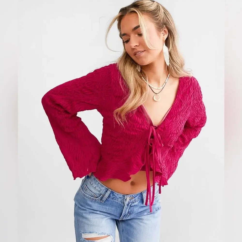 Willow & Root Textured Open Front Tie Cropped Ruffle Top XS